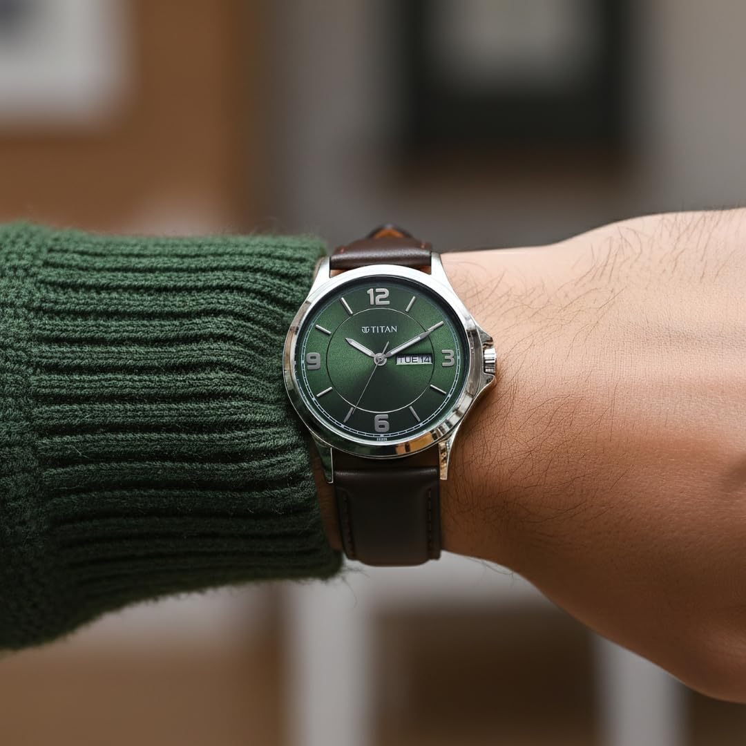 Titan Neo Arabic Quartz Green Round Dial Men's Watch | Genuine Leather Strap Material | Watches for Men Analog