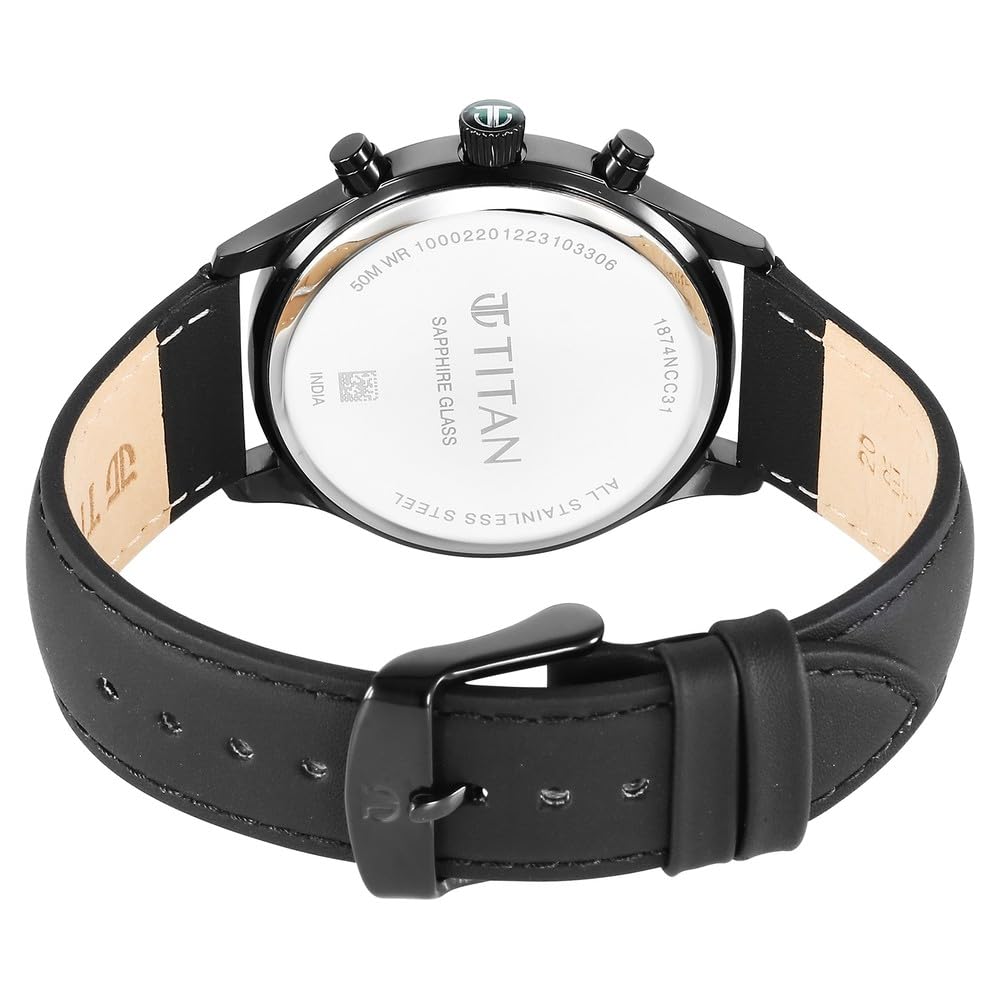 Titan Sapphire Quartz Multifunction Green Dial Black Leather Strap Watch for Men