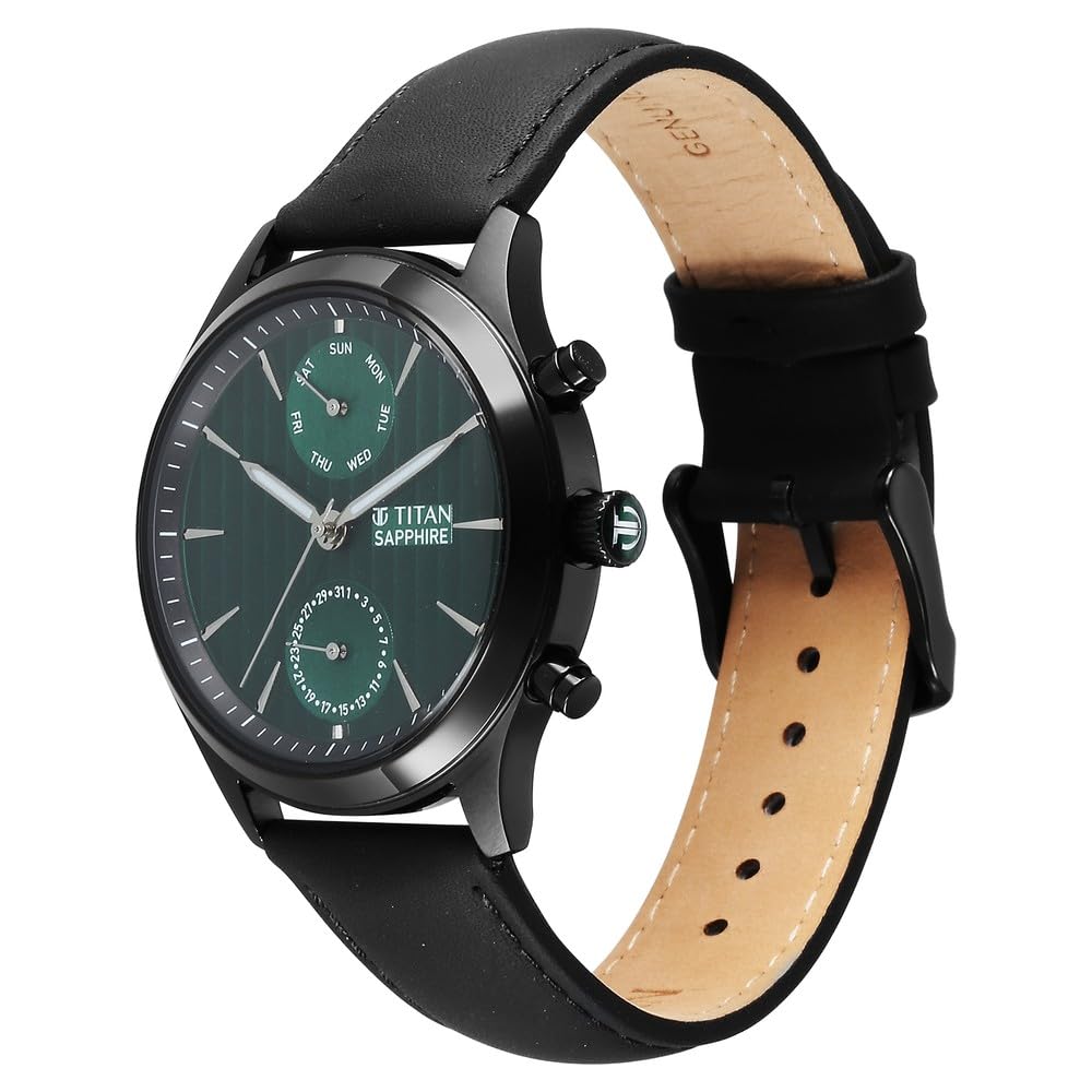 Titan Sapphire Quartz Multifunction Green Dial Black Leather Strap Watch for Men