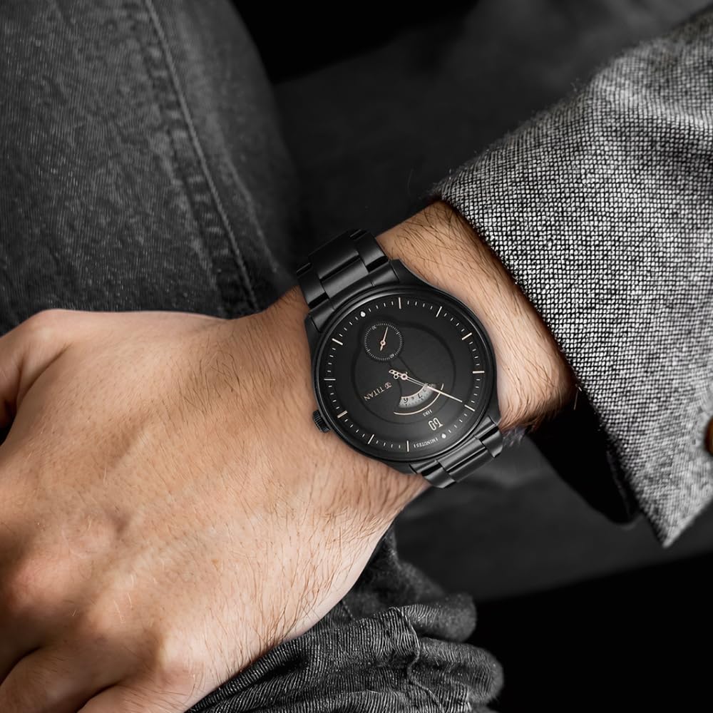 Titan Quartet Quartz Analog Black Dial Black Stainless Steel Strap Watch for Men