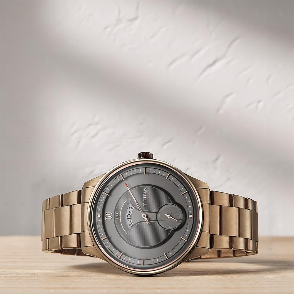 Titan Quartet Quartz Analog Grey Dial Brown Stainless Steel Strap Watch for Men
