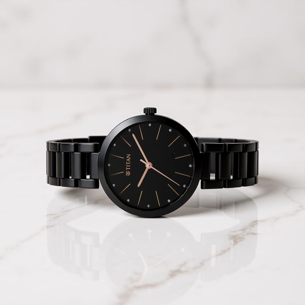 Titan Workwear Quartz Analog Black Dial Black Stainless Steel Strap Watch for Women