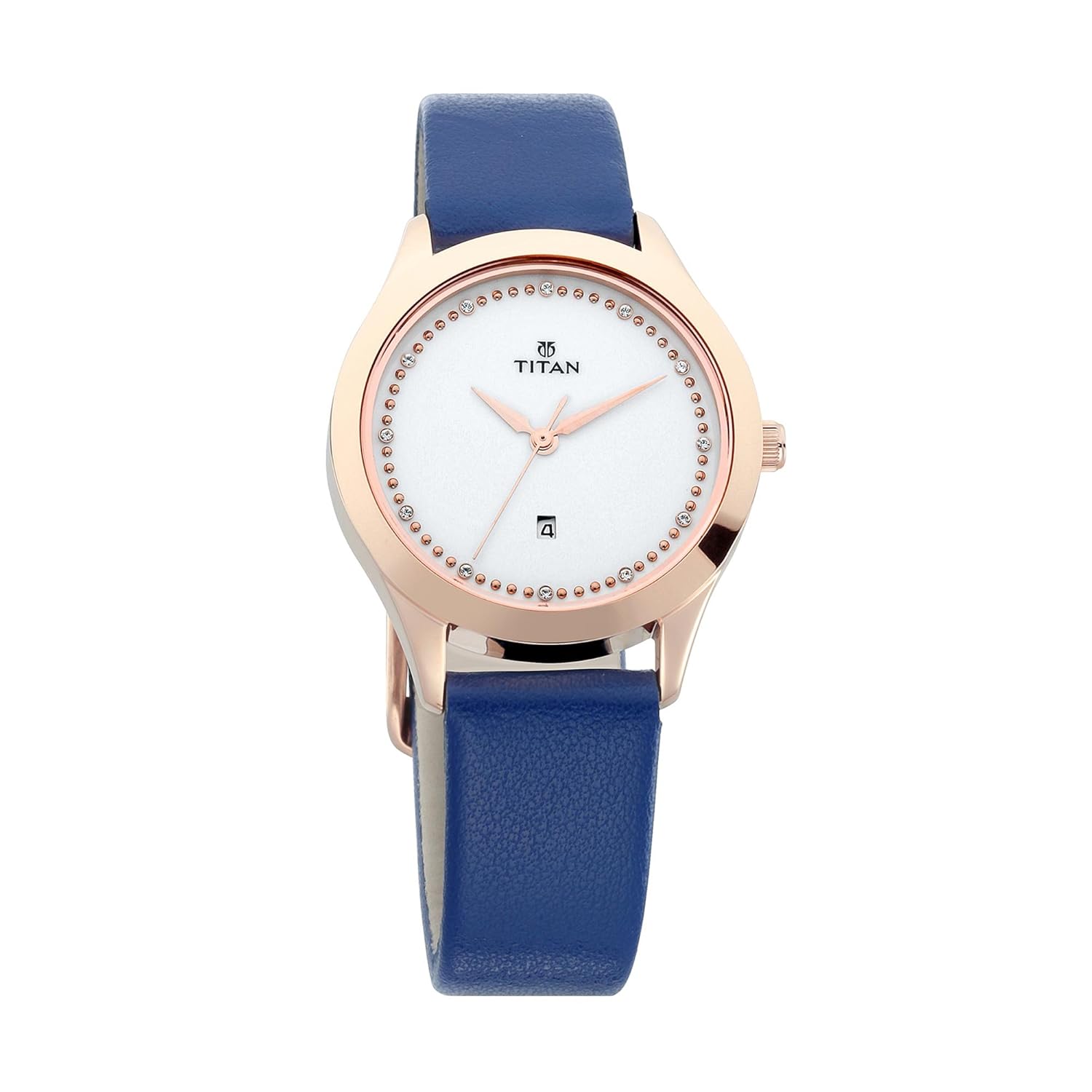 Titan Sparkle Quartz Analog With Date White Dial Blue Leather Strap Watch for Women