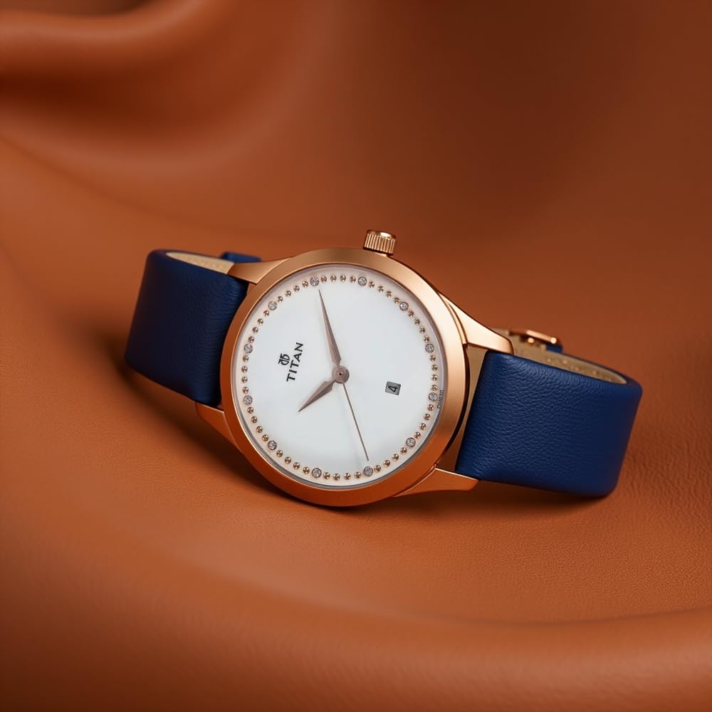 Titan Sparkle Quartz Analog With Date White Dial Blue Leather Strap Watch for Women