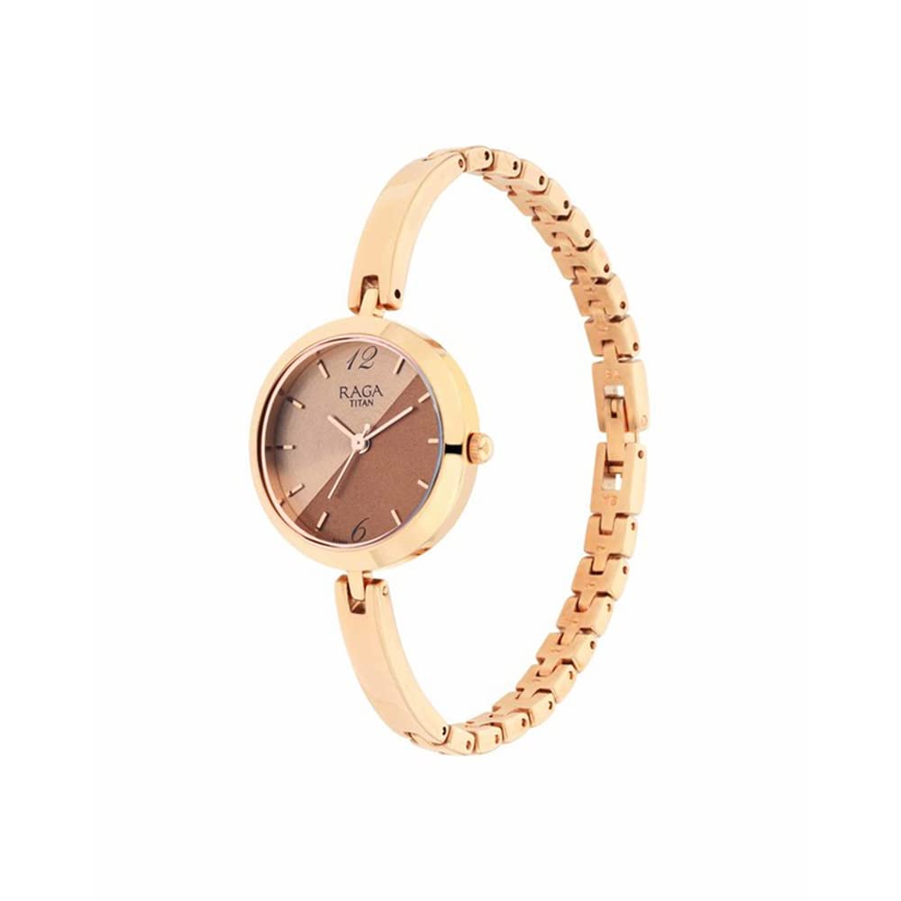Titan Raga Viva Quartz Analog Bicolour Brown and Beige Dial Rose Gold Metal Strap Watch for Women