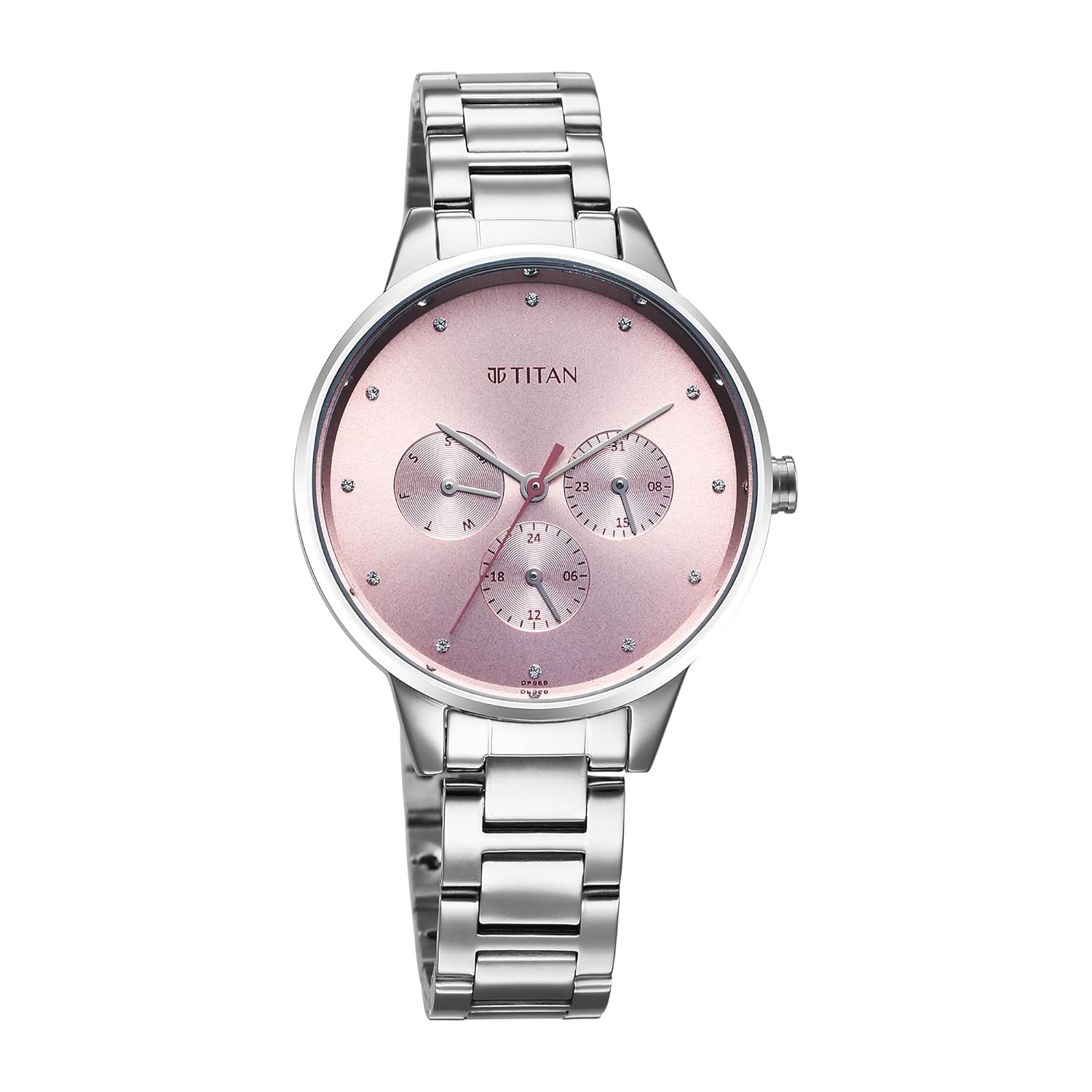 Titan Razzle Dazzle Quartz Analog with Day and Date Pink Dial Silver Stainless Steel Strap Watch For Women