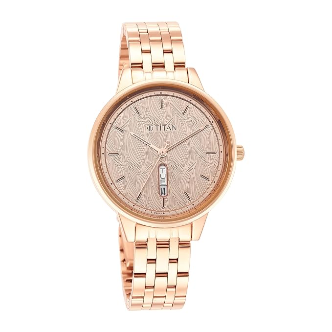 Titan Workwear Quartz Analog with Day and Date Rose Gold Dial Stainless Steel Strap Watch for Women