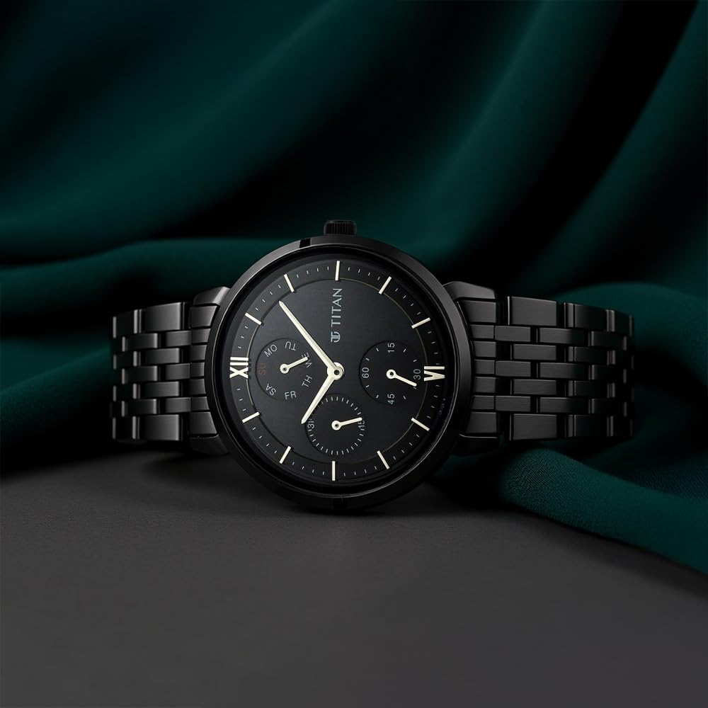 Titan Women's Regal: Roman Numeral Black Dial & Metal Strap Watch
