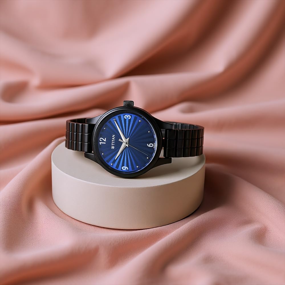Titan Karishma Quartz Analog Blue Dial Black Stainless Steel Strap Watch For Women