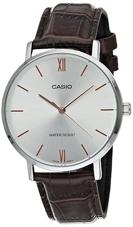 Casio MTP-VT01L-7B2 Men's Minimalistic Silver Dial Brown Leather Band Analog Watch