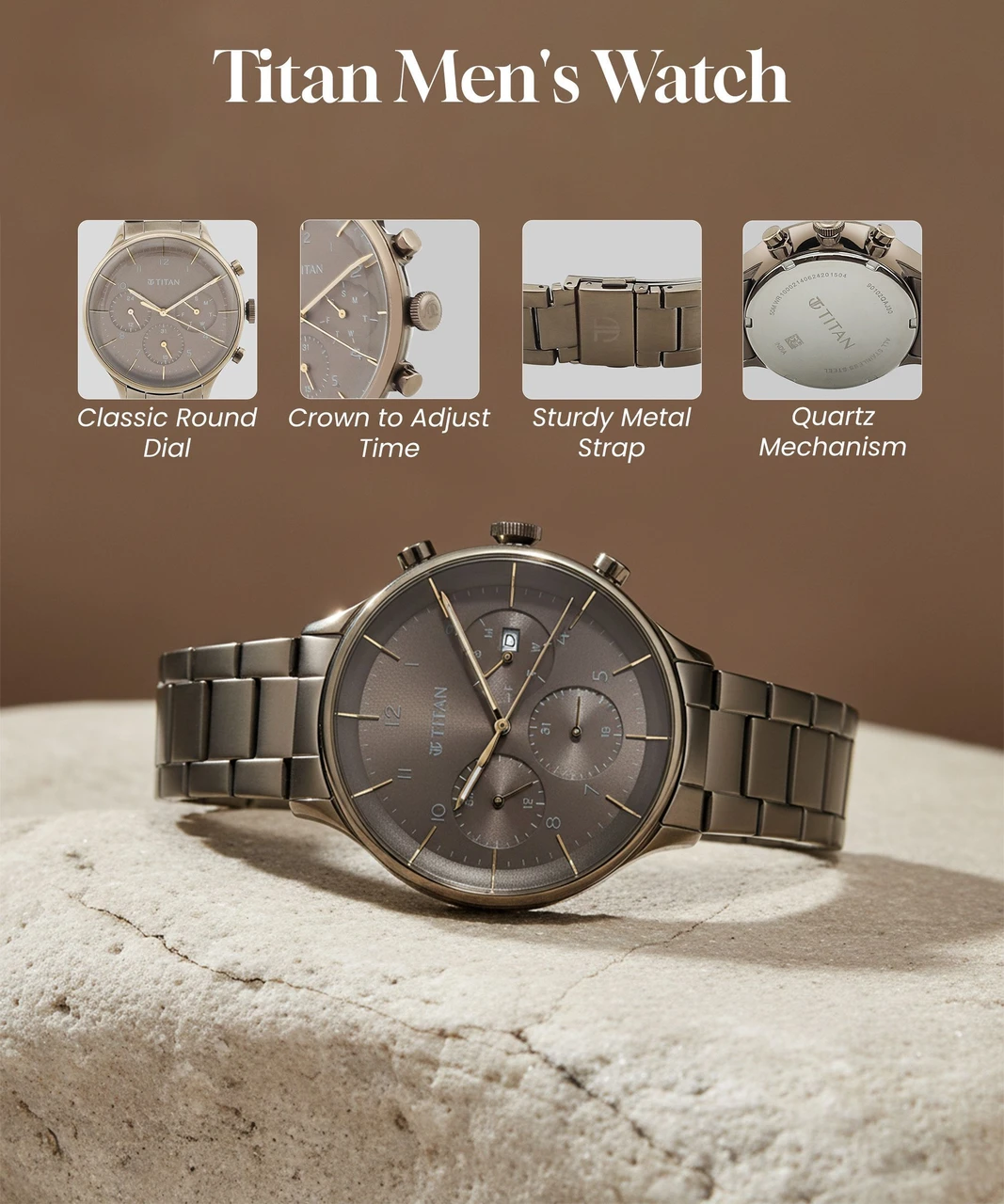 Titan Urban Magic Brown Dial Multial Stainless Steel Strap watch for Men