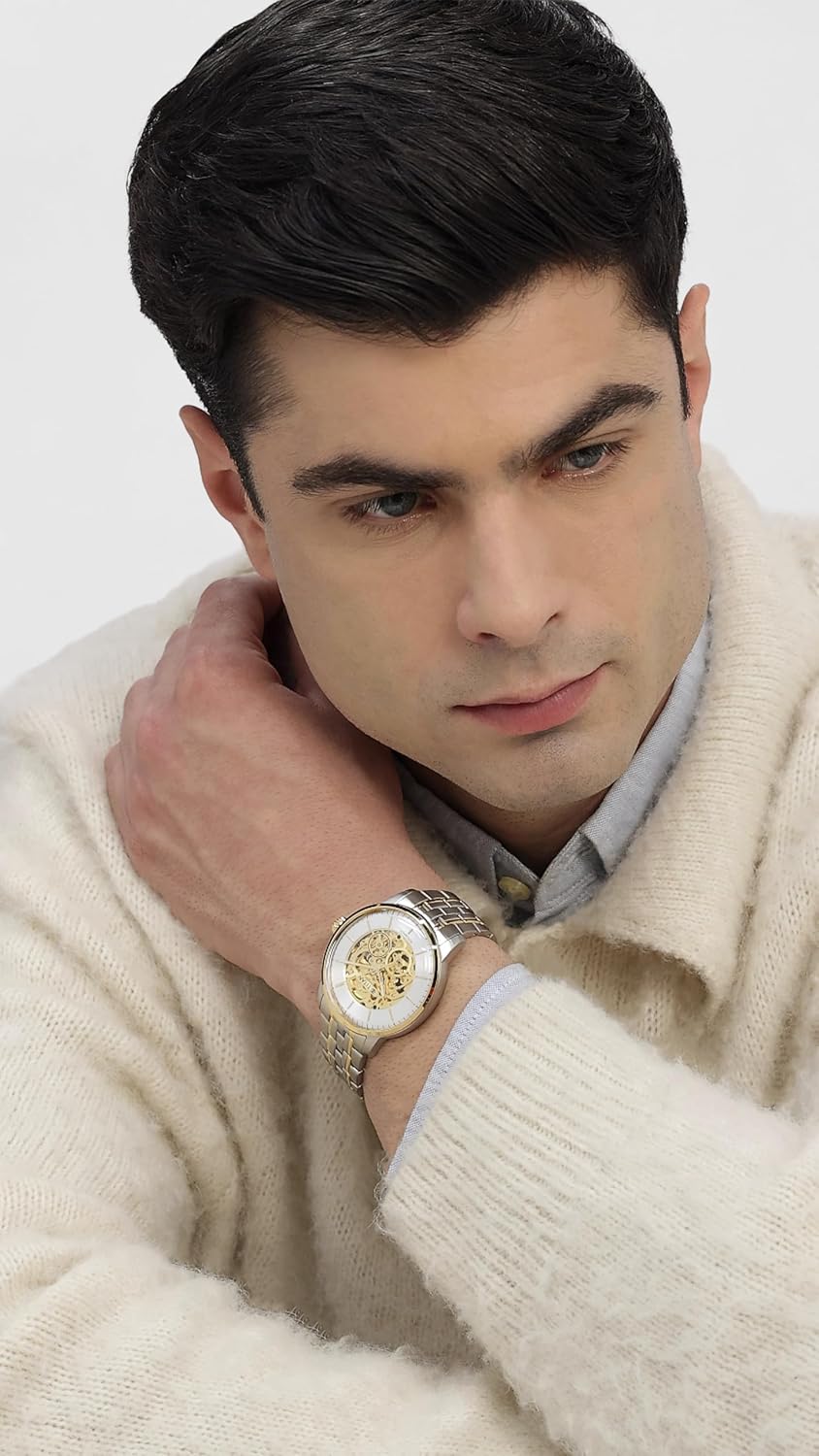 Titan Golden Heart Skeletal Automatic Analog with Silver Dial Dual-Tone Stainless Steel Strap Watch for Men