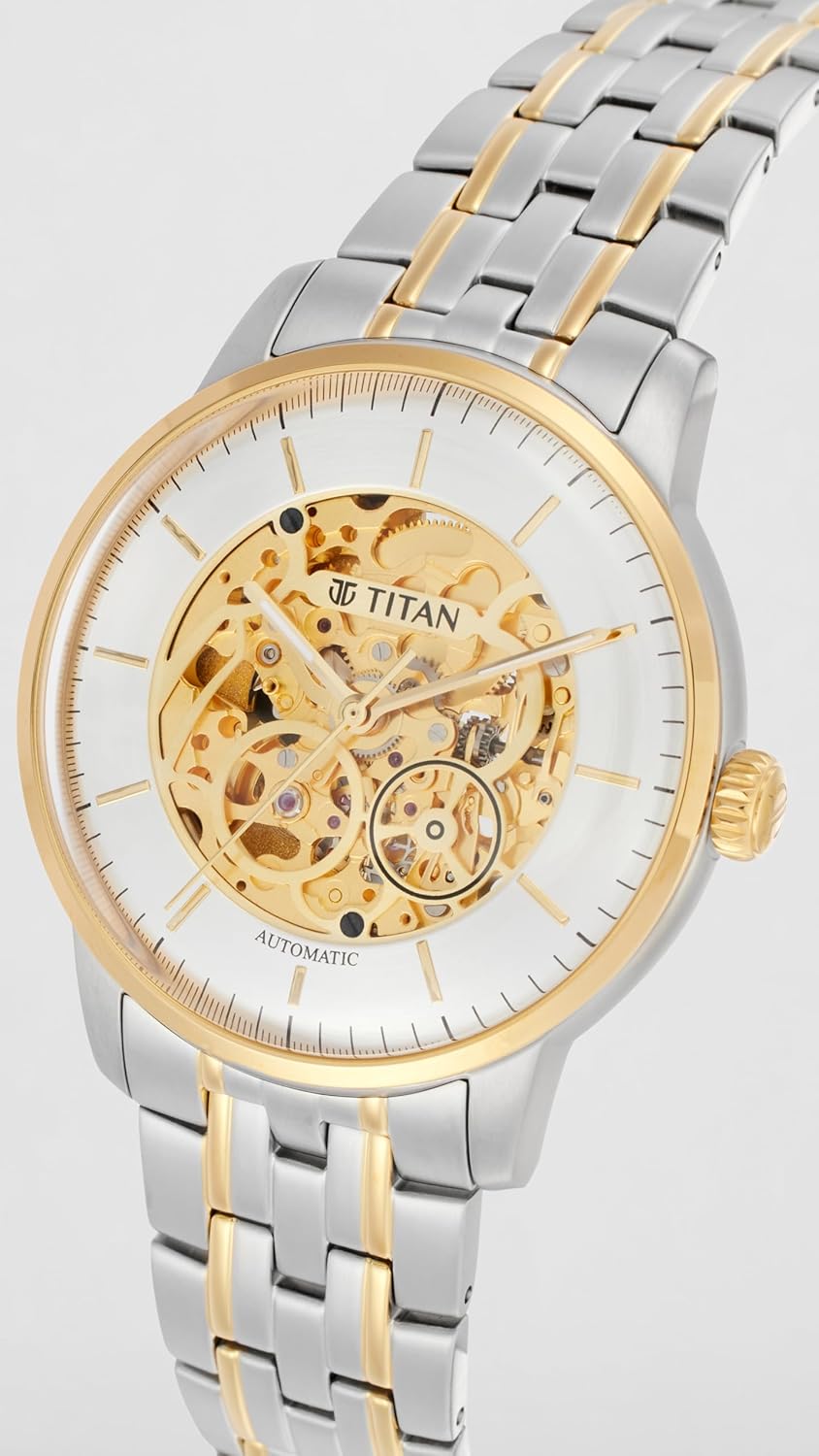 Titan Golden Heart Skeletal Automatic Analog with Silver Dial Dual-Tone Stainless Steel Strap Watch for Men