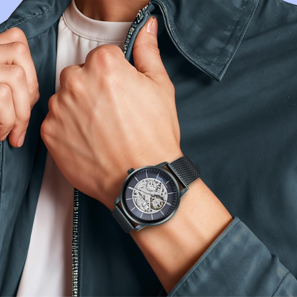 Titan Skeletal Automatic Blue Dial Blue Stainless Steel Strap Watch for Men