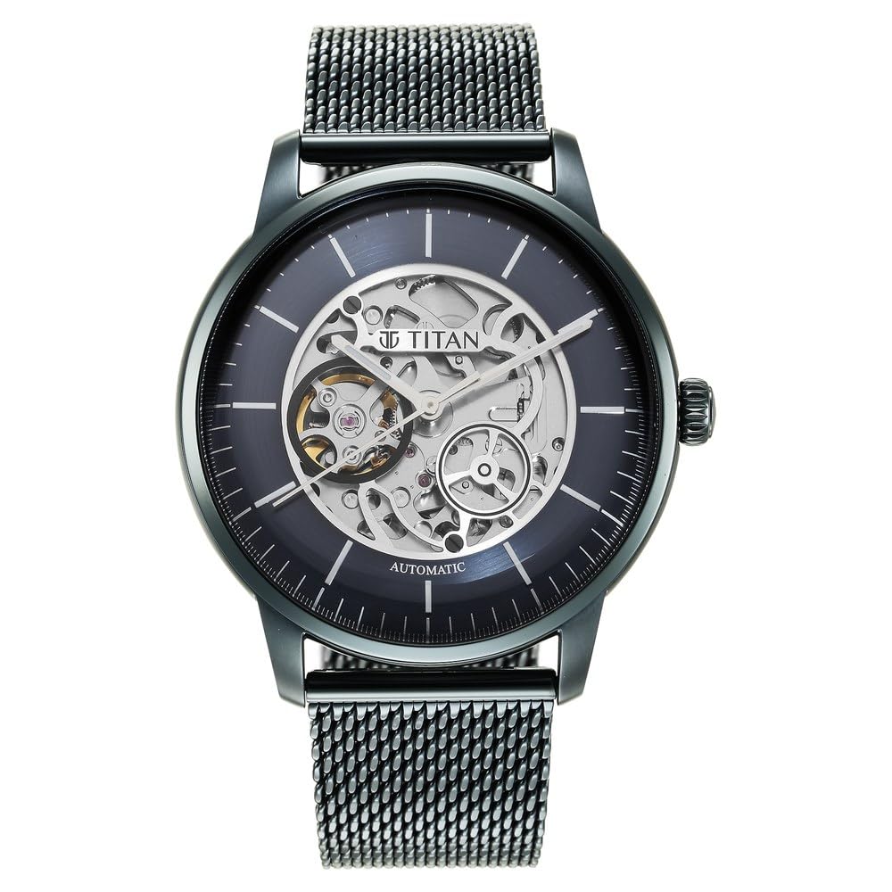 Titan Skeletal Automatic Blue Dial Blue Stainless Steel Strap Watch for Men