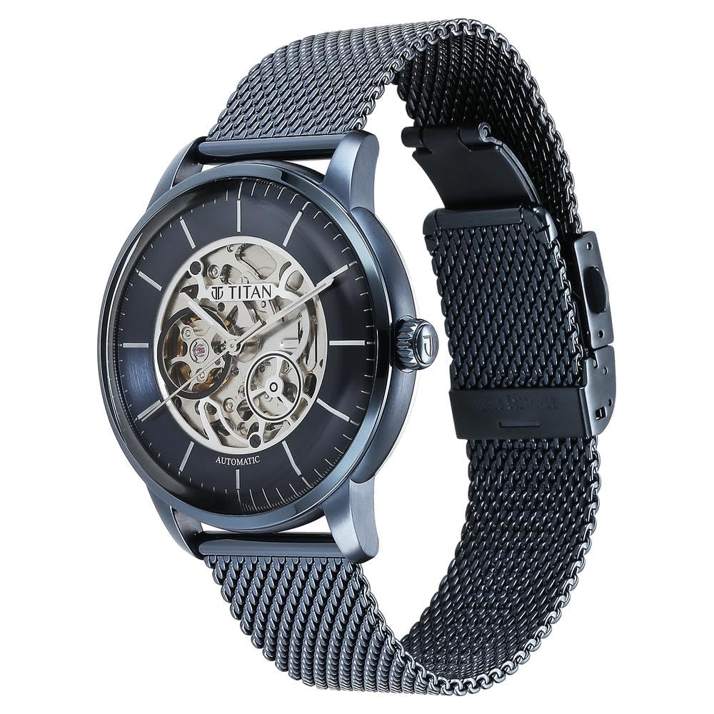 Titan Skeletal Automatic Blue Dial Blue Stainless Steel Strap Watch for Men