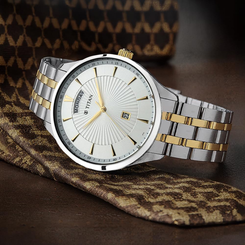 Titan Regalia Opulent White Dial Analog with Day and Date Stainless Steel Strap Watch for Men