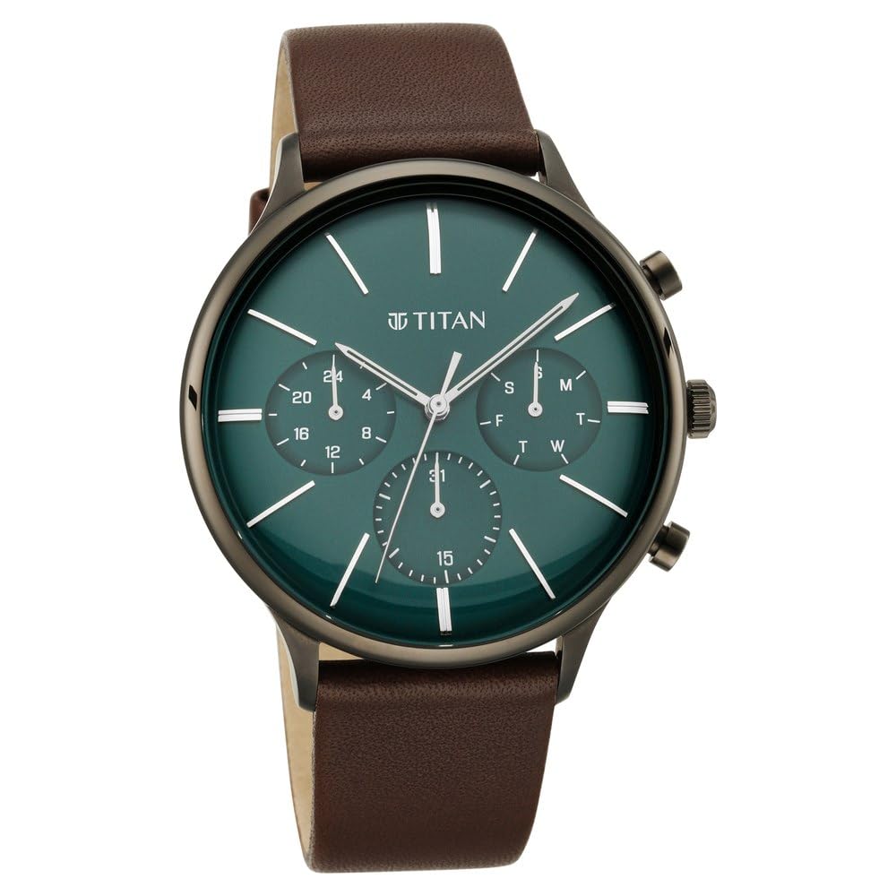 Titan Quartz Multifunction Green Dial Leather Strap Watch for Men