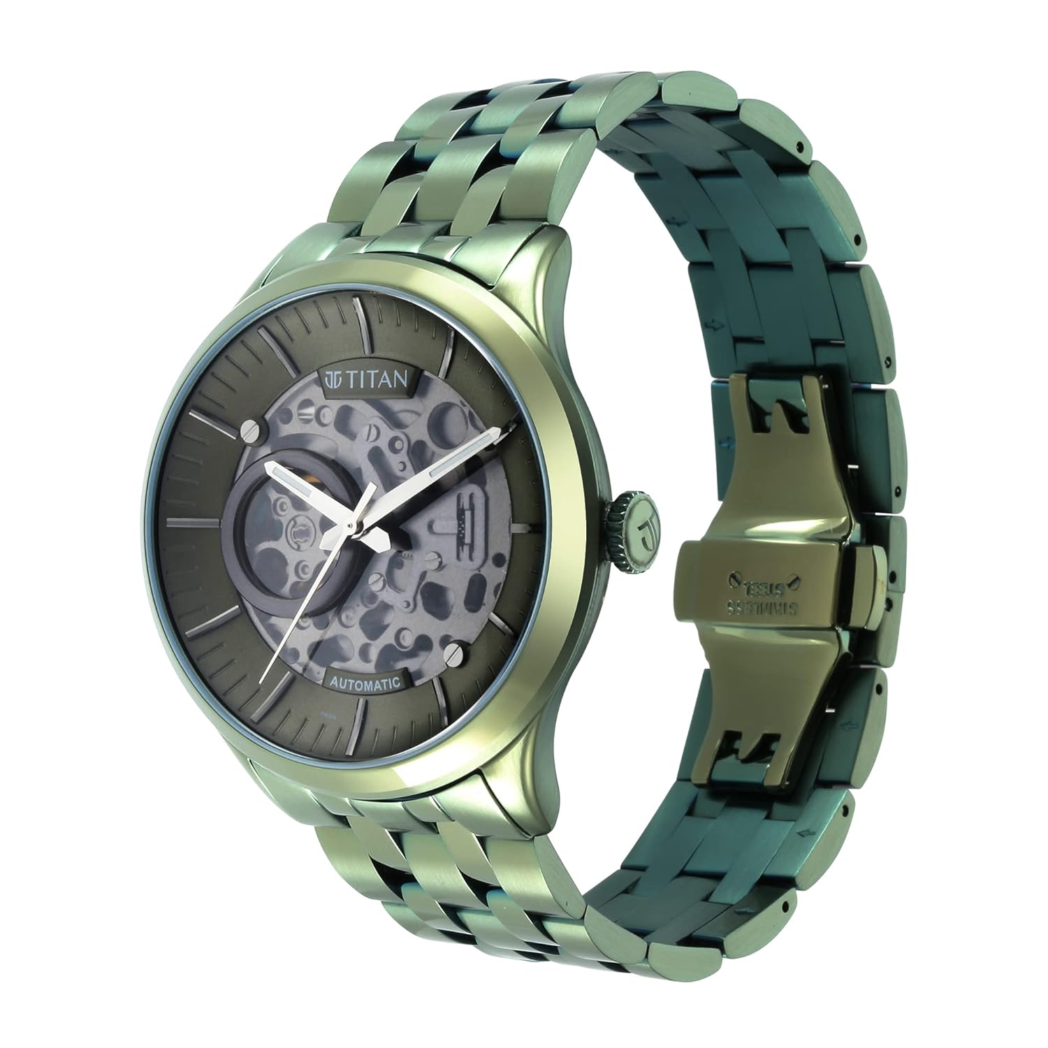 Titan Metal Mechanicals Black Dial Green Stainless Steel Strap Watch for Men