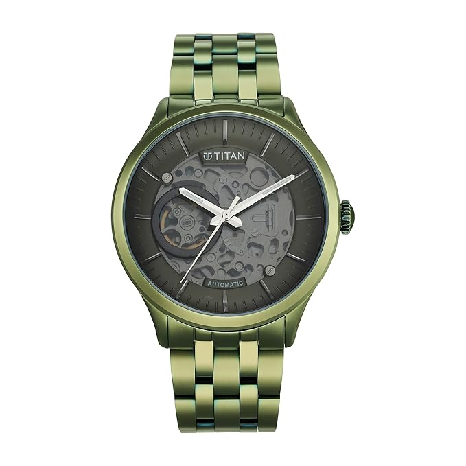 Titan Metal Mechanicals Black Dial Green Stainless Steel Strap Watch for Men