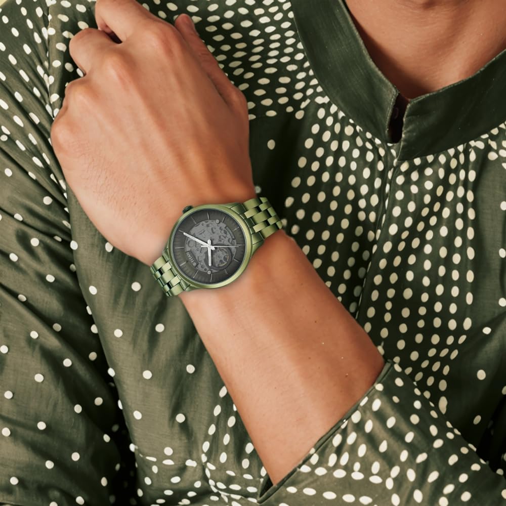 Titan Metal Mechanicals Black Dial Green Stainless Steel Strap Watch for Men
