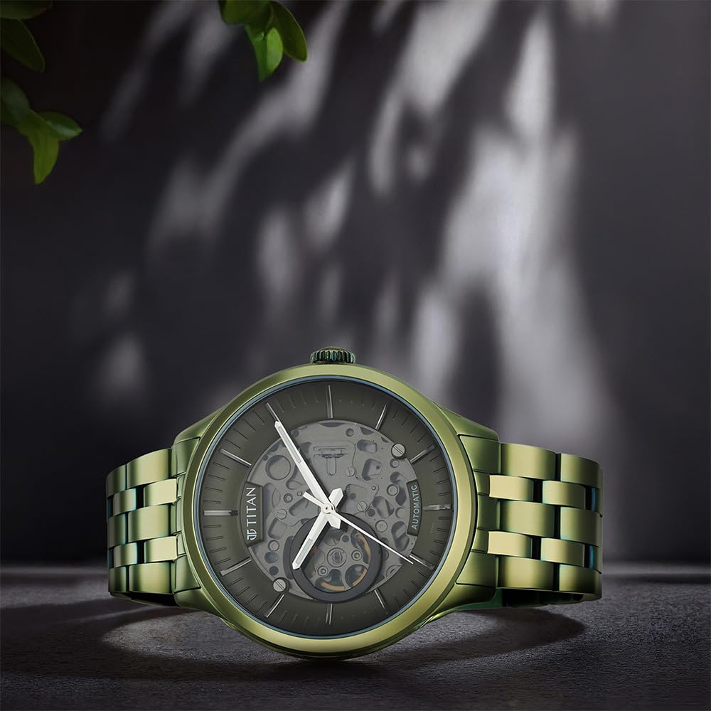 Titan Metal Mechanicals Black Dial Green Stainless Steel Strap Watch for Men