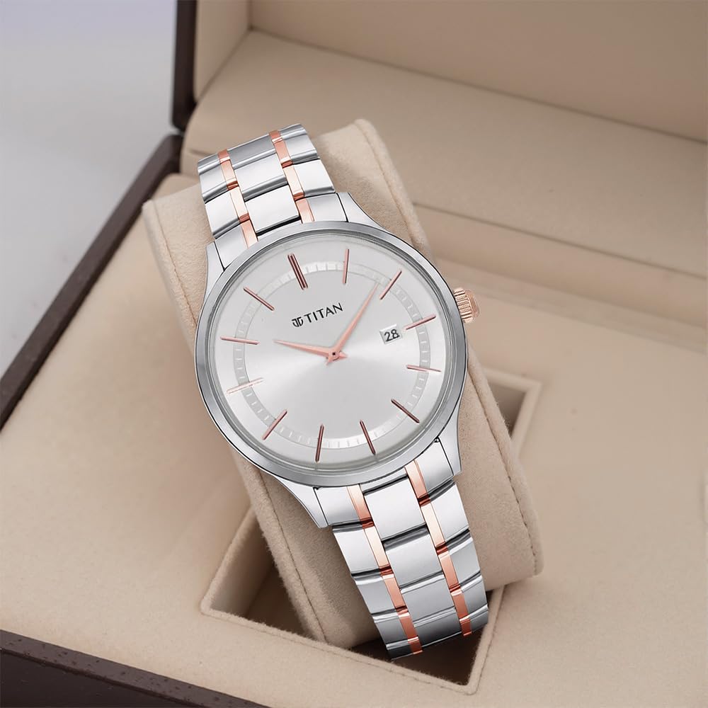 Titan Classique Slimline Silver Dial Analog with Date Stainless Steel Strap watch for Men