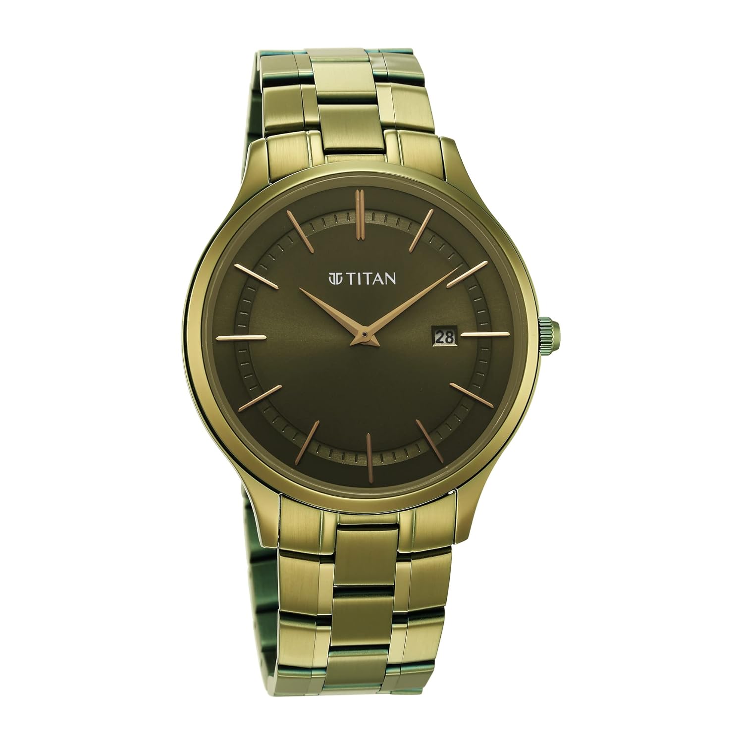 Titan Classique Slimline Green Dial Analog with Day and Date Stainless Steel Strap watch for Men