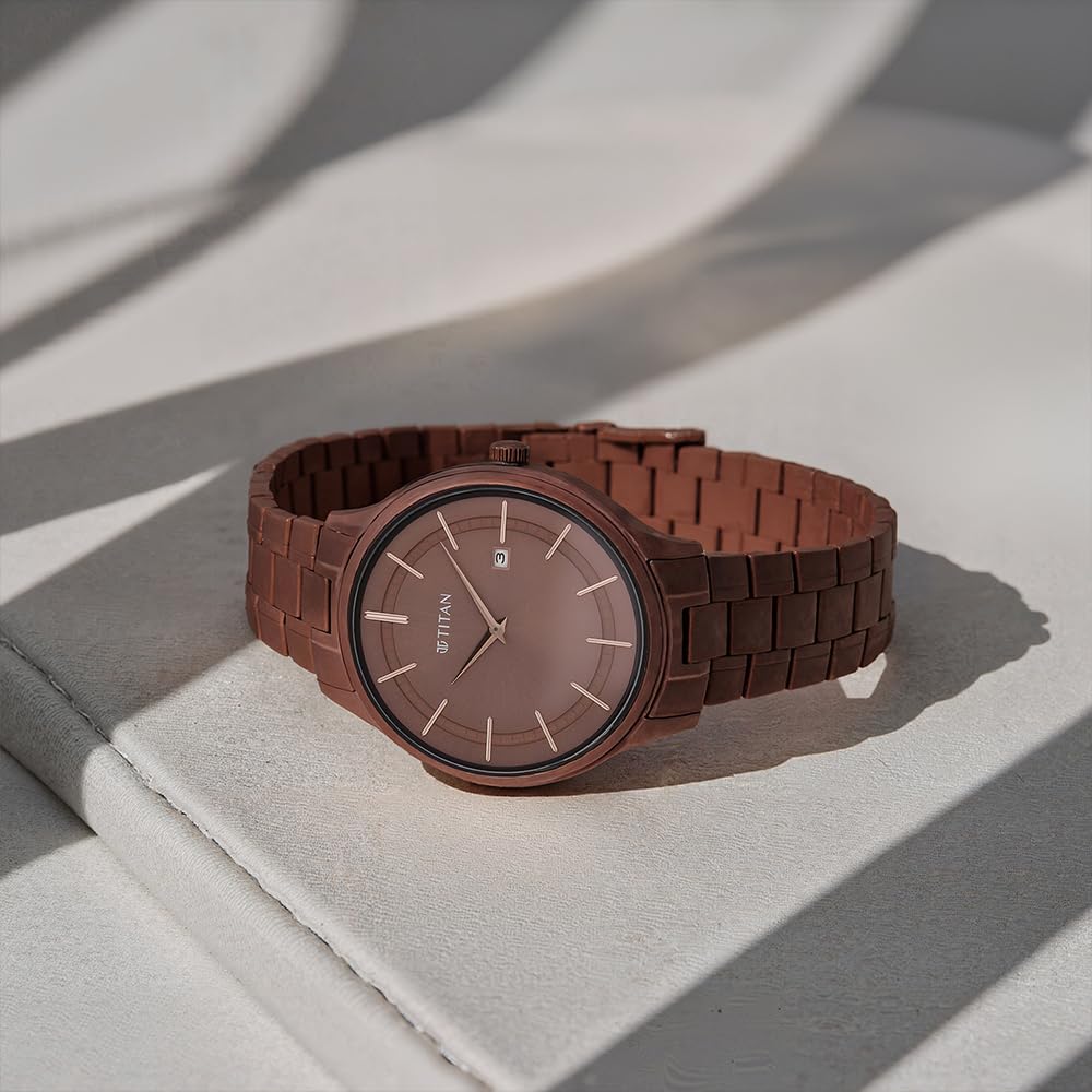 Titan Classique Slimline Brown Dial Analog with Day and Date Stainless Steel Strap Watch for Men