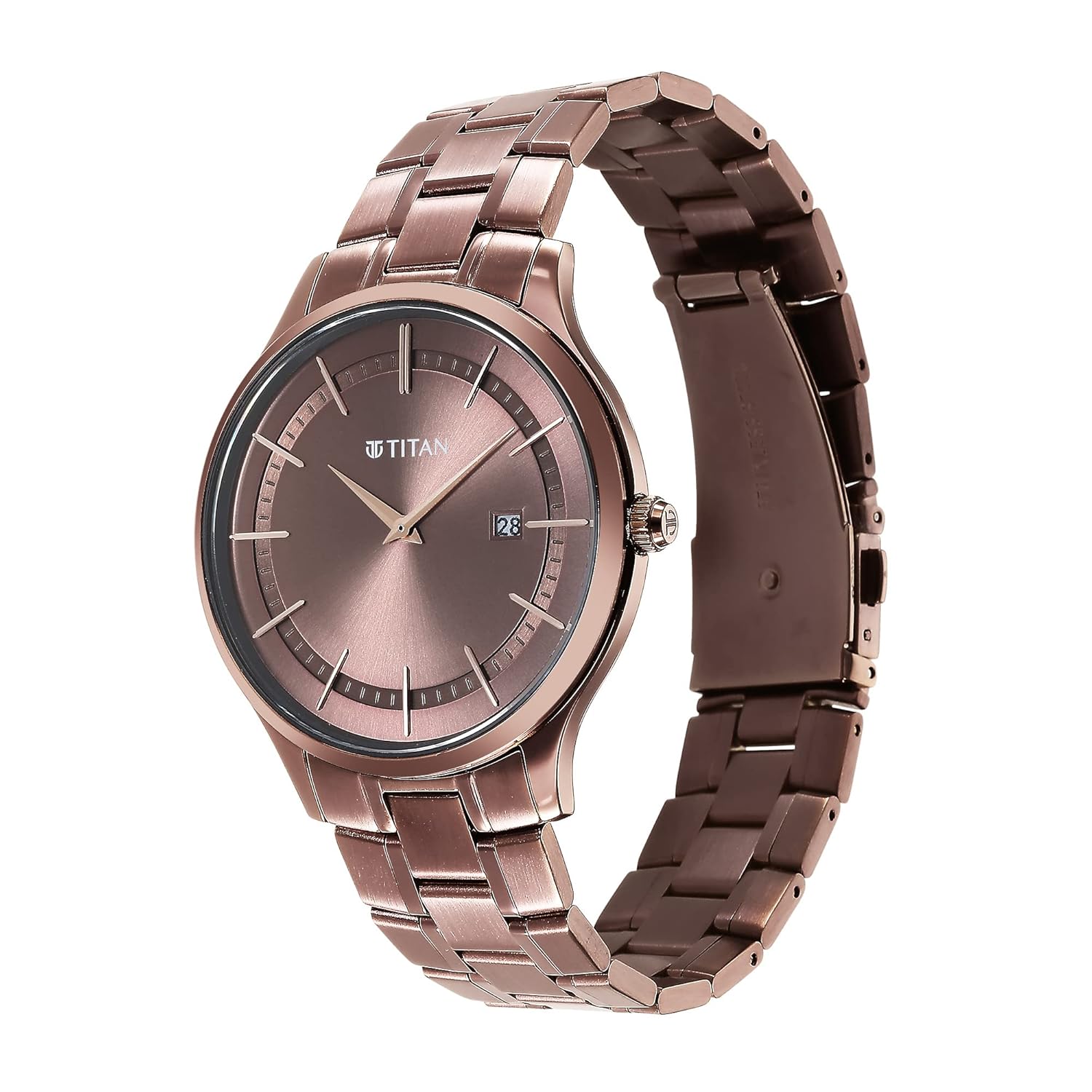 Titan Classique Slimline Brown Dial Analog with Day and Date Stainless Steel Strap Watch for Men