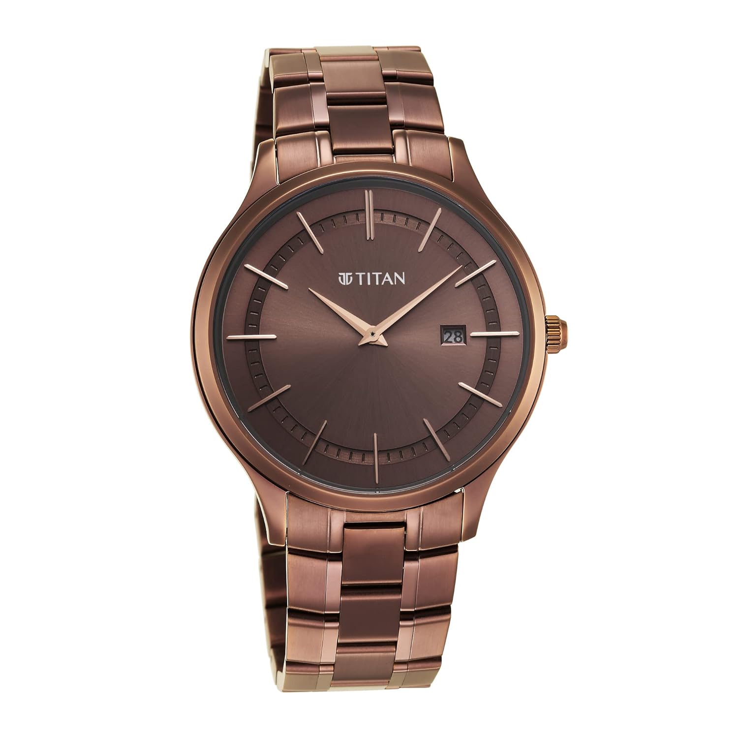 Titan Classique Slimline Brown Dial Analog with Day and Date Stainless Steel Strap Watch for Men