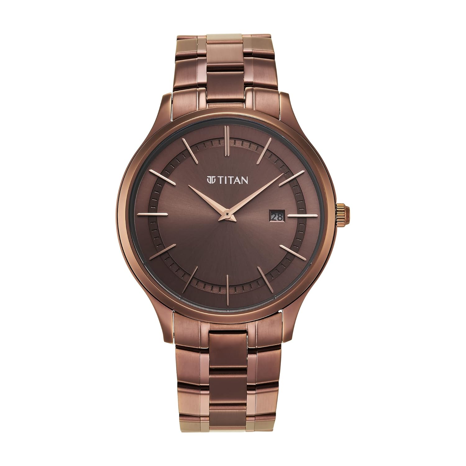 Titan Classique Slimline Brown Dial Analog with Day and Date Stainless Steel Strap Watch for Men
