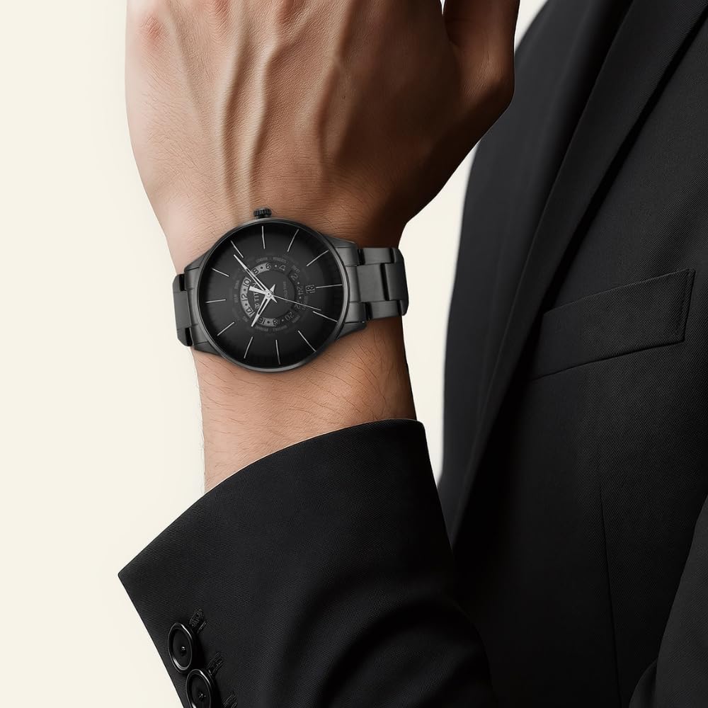 Titan Black Dial World Time with Date Stainless Steel Strap watch for Men