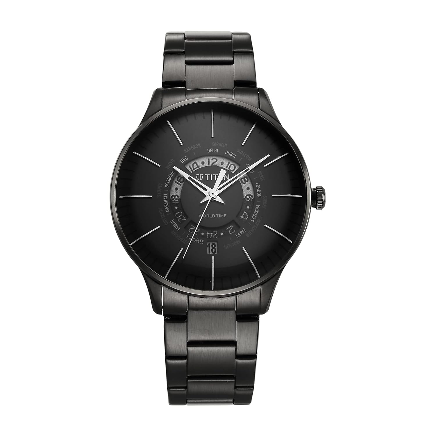 Titan Black Dial World Time with Date Stainless Steel Strap watch for Men