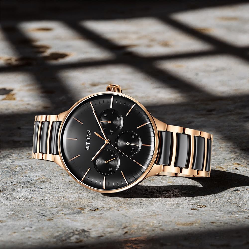 Titan Ceramic Fusion Quartz Multifunction Black Dial Rose Gold Dual-Toned Stainless Steel Bracelet Watch for Men