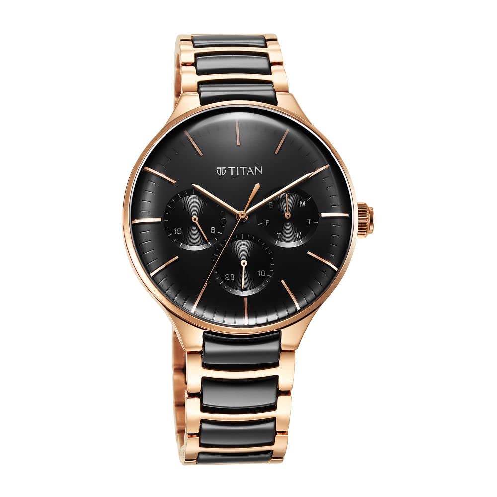 Titan Ceramic Fusion Quartz Multifunction Black Dial Rose Gold Dual-Toned Stainless Steel Bracelet Watch for Men