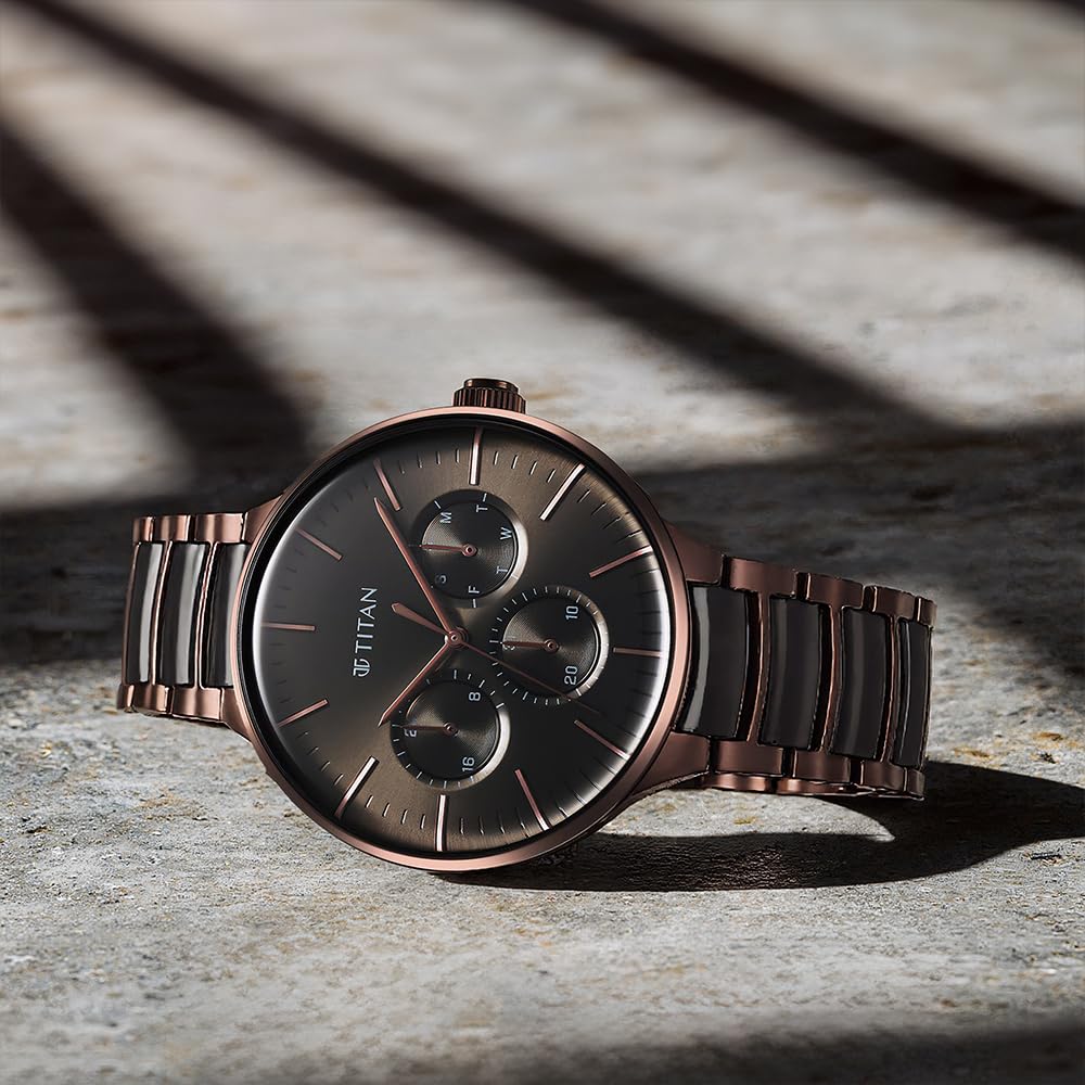 Titan Ceramic Fusion Multifunction Black Dial With Two Toned Color Stainless Steel Strap Watch For Men