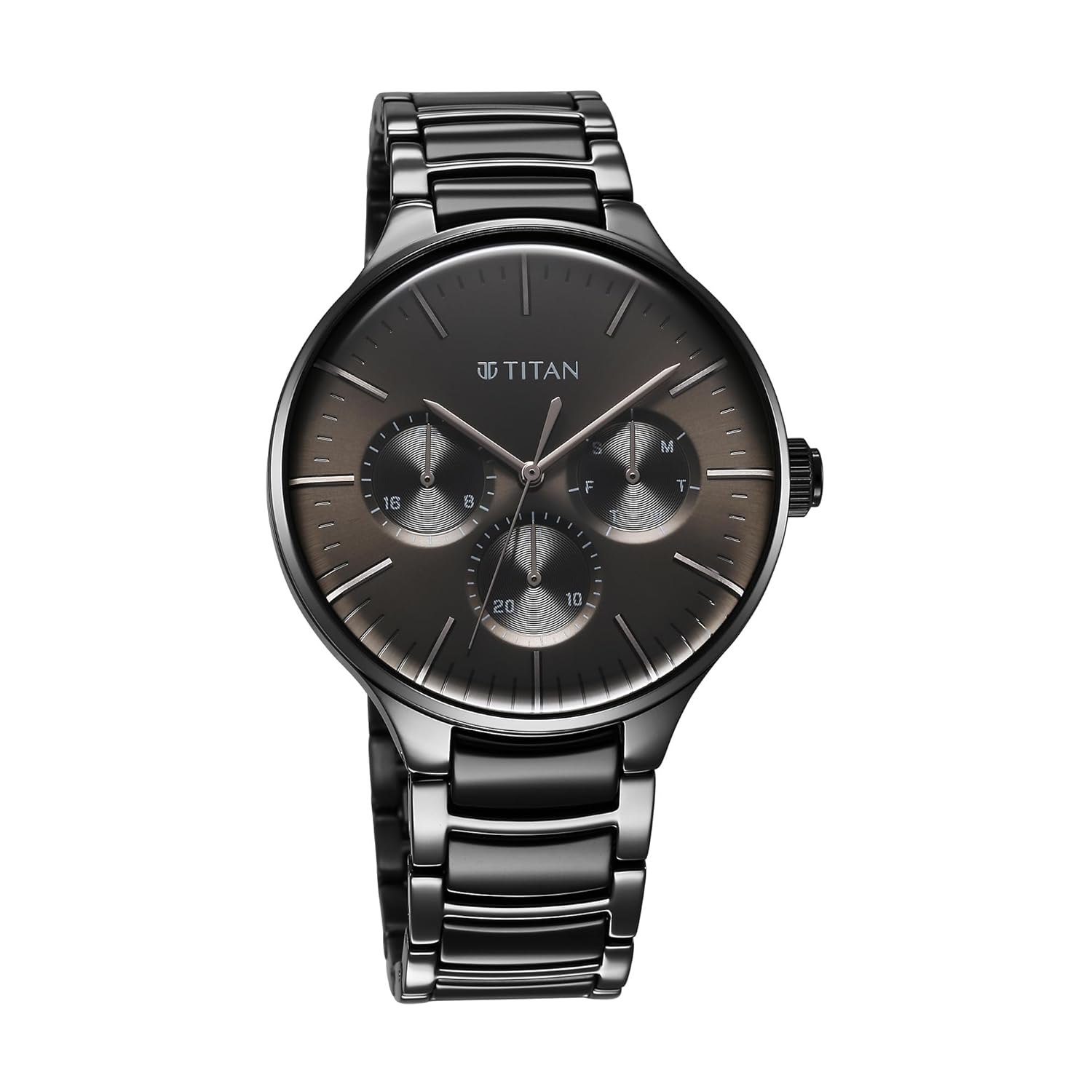 Titan Ceramic Fusion Multifunction Black Round Dial Two Toned Stainless Steel Strap Watch For Men