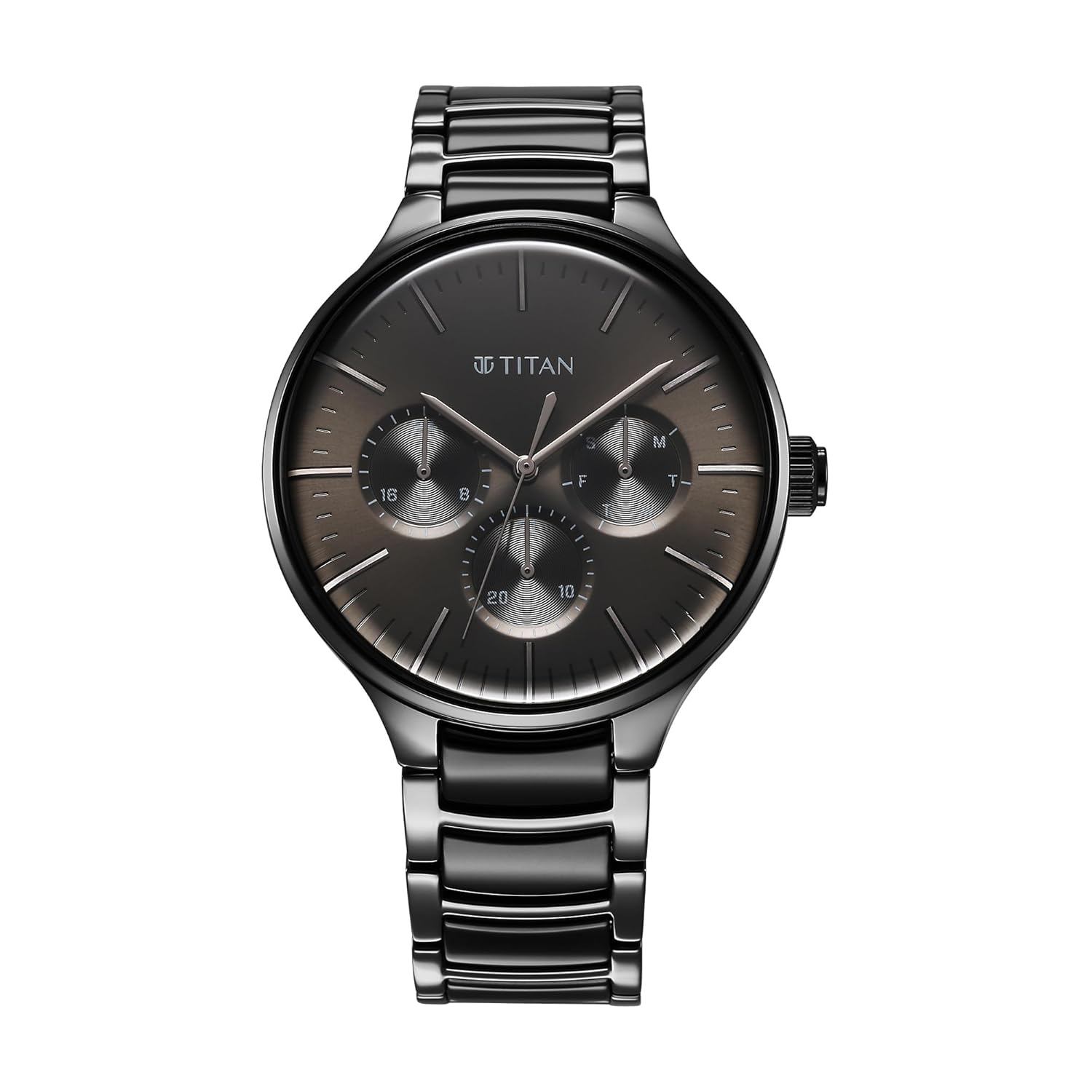 Titan Ceramic Fusion Multifunction Black Round Dial Two Toned Stainless Steel Strap Watch For Men