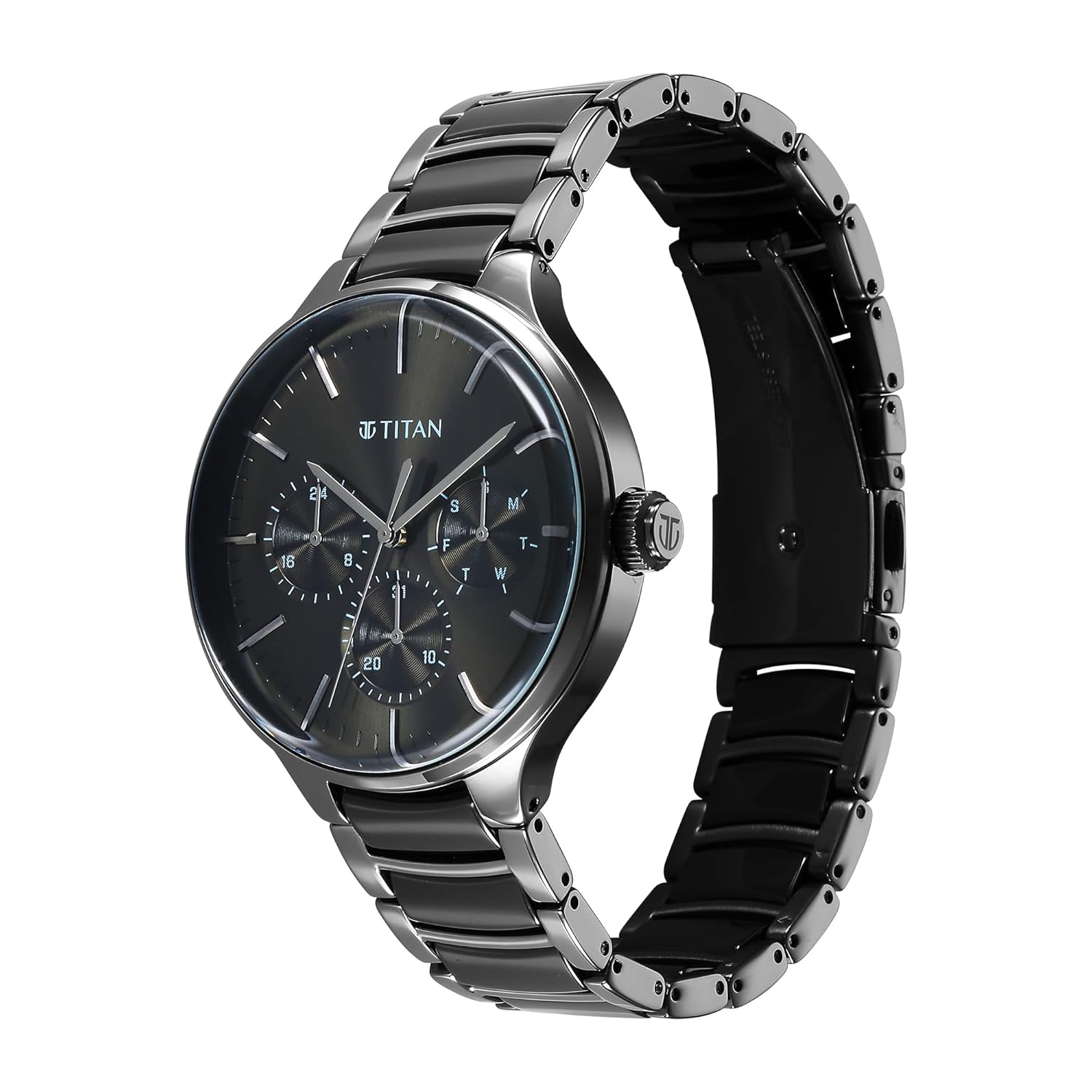 Titan Ceramic Fusion Multifunction Black Round Dial Two Toned Stainless Steel Strap Watch For Men