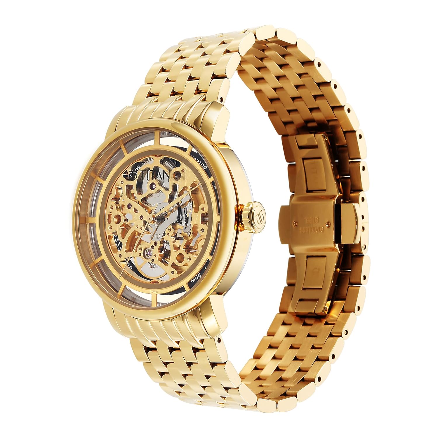 Titan Mechanical Slimline Golden Dial Golden Stainless Steel Strap watch for Men