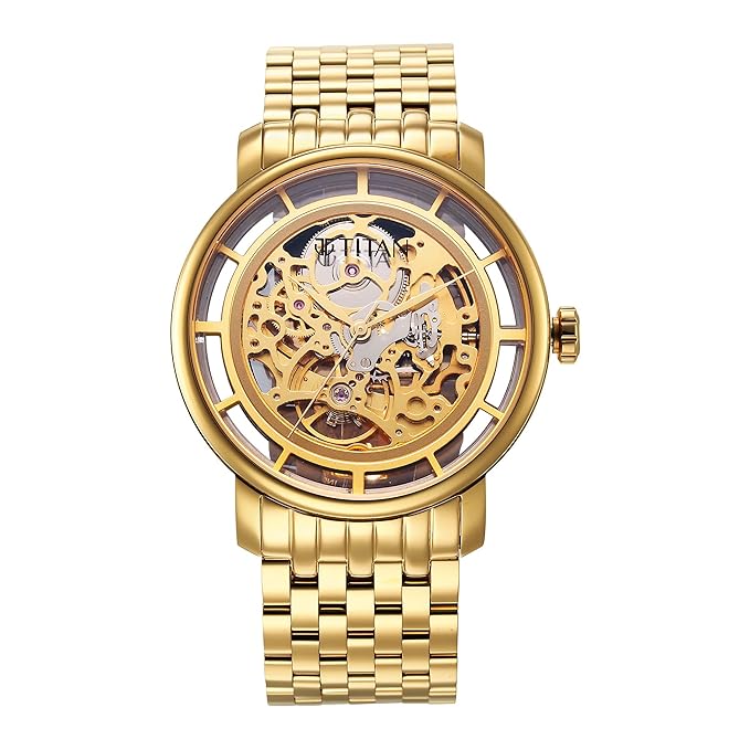 Titan Mechanical Slimline Golden Dial Golden Stainless Steel Strap watch for Men