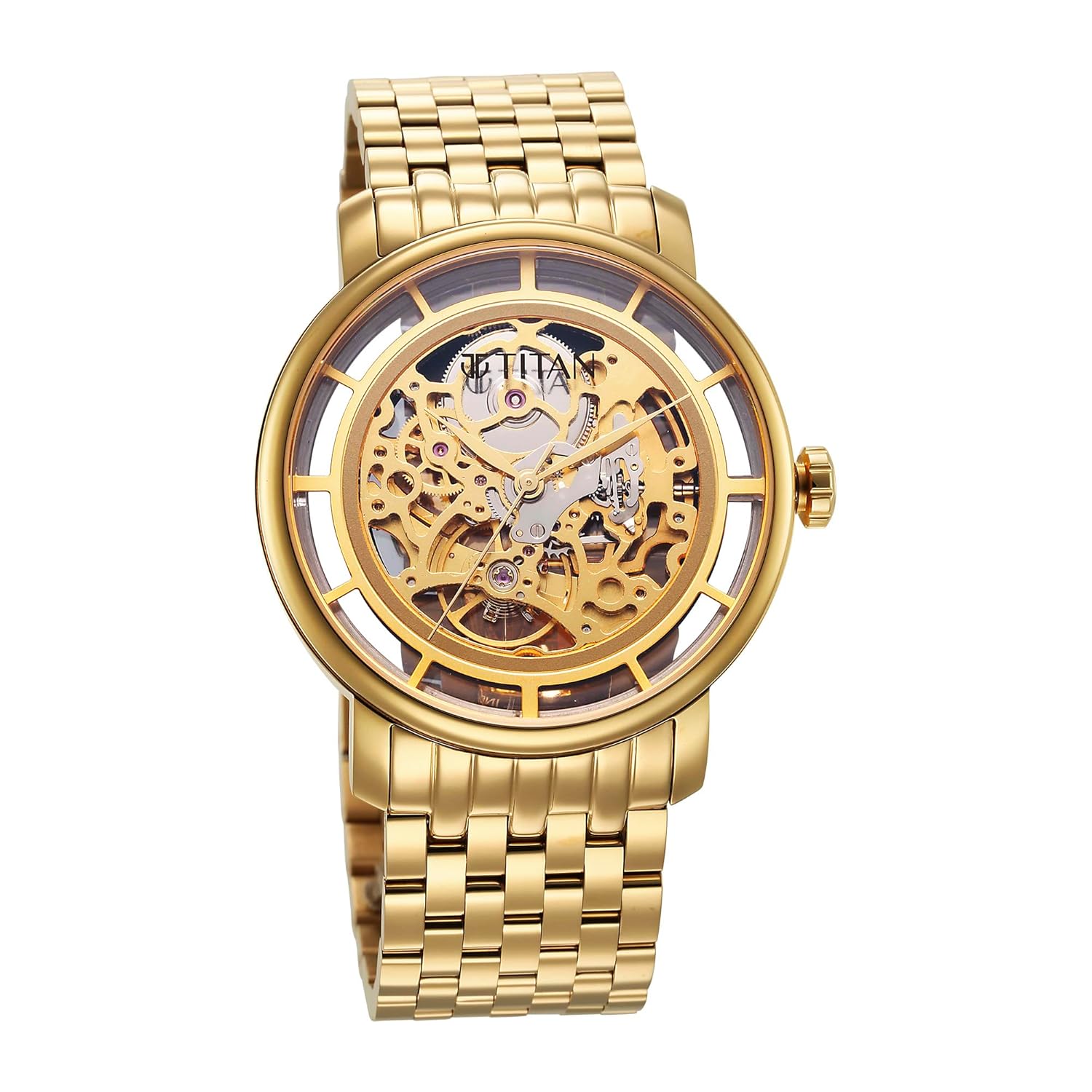Titan Mechanical Slimline Golden Dial Golden Stainless Steel Strap watch for Men