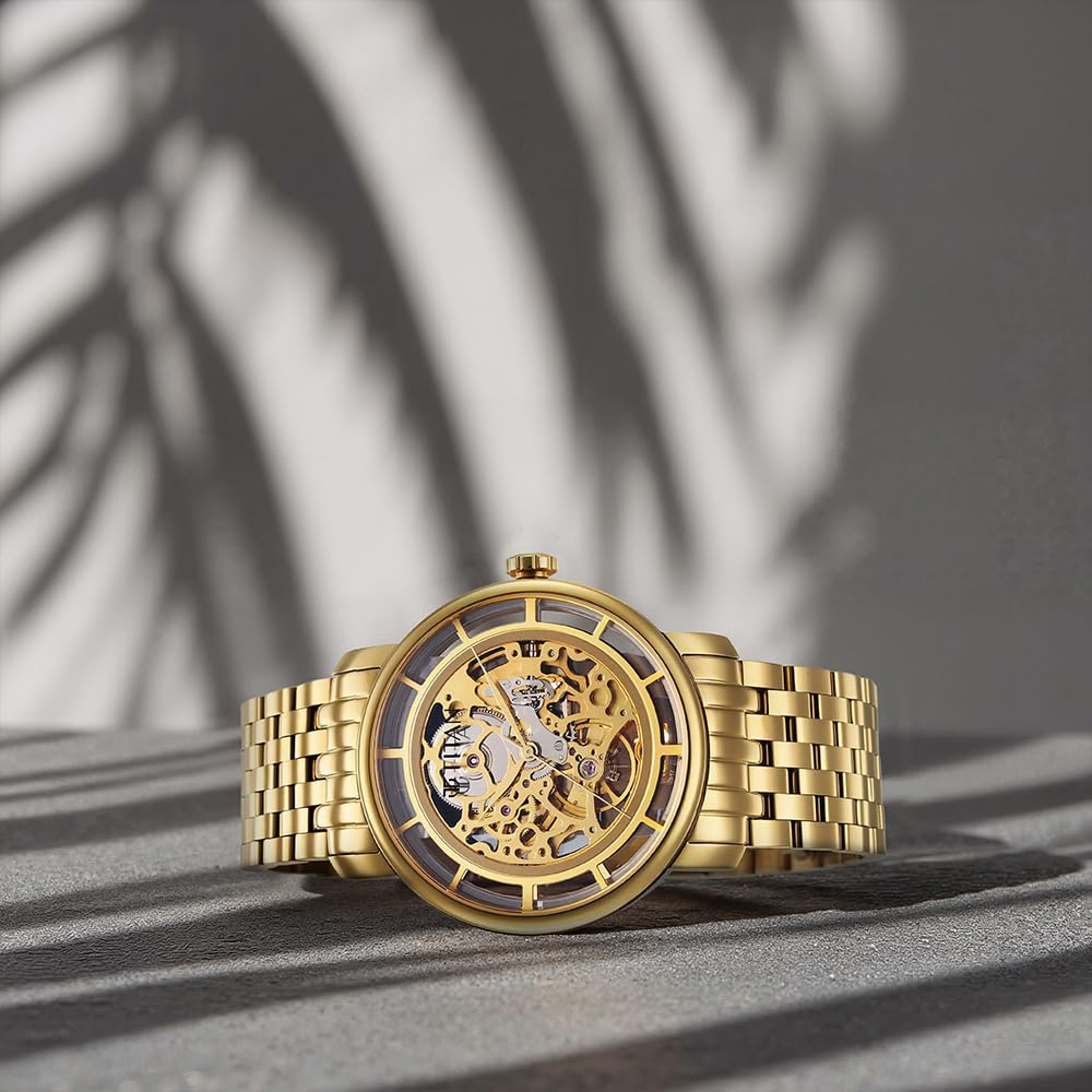 Titan Mechanical Slimline Golden Dial Golden Stainless Steel Strap watch for Men