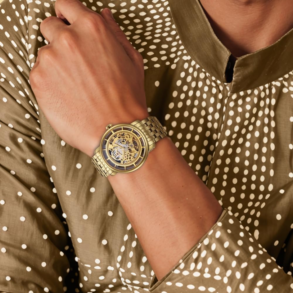 Titan Mechanical Slimline Golden Dial Golden Stainless Steel Strap watch for Men