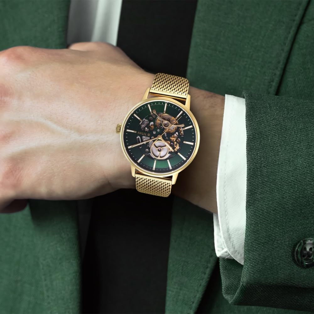 Titan Mechanical Slimline Green Dial Golden Mesh Strap watch for Men