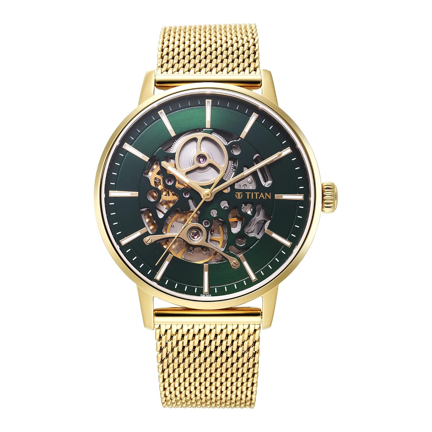 Titan Mechanical Slimline Green Dial Golden Mesh Strap watch for Men