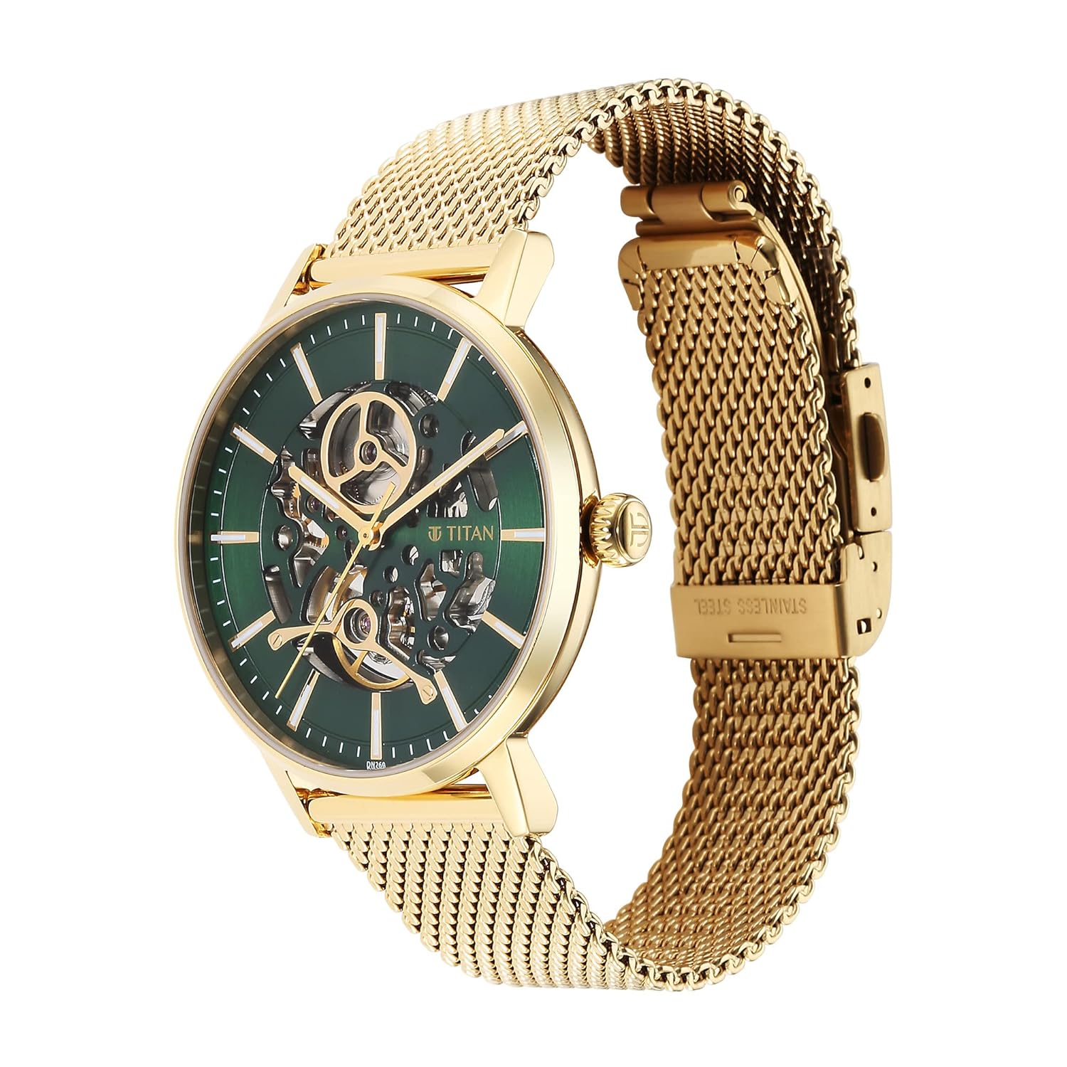 Titan Mechanical Slimline Green Dial Golden Mesh Strap watch for Men