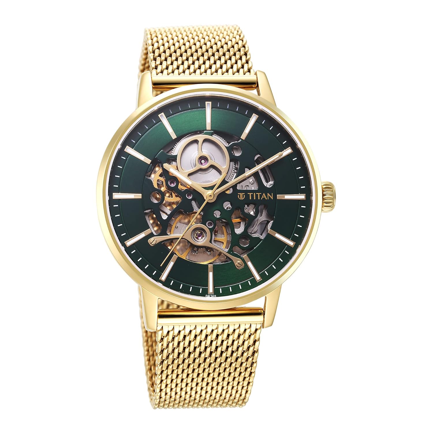 Titan Mechanical Slimline Green Dial Golden Mesh Strap watch for Men