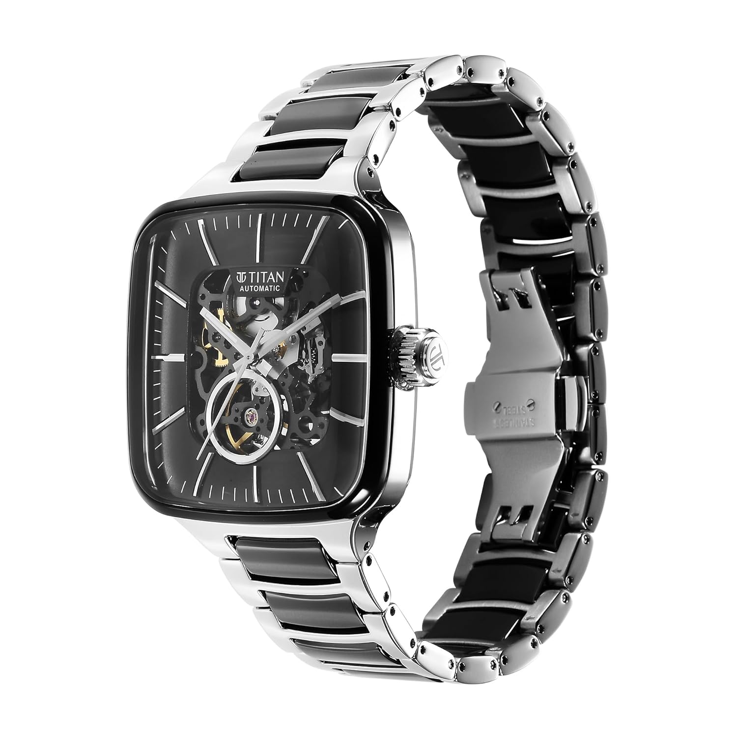 Titan Ceramic Fusion Automatic Square Black Dial Silver Dual-Toned Stainless Steel Bracelet Watch for Men